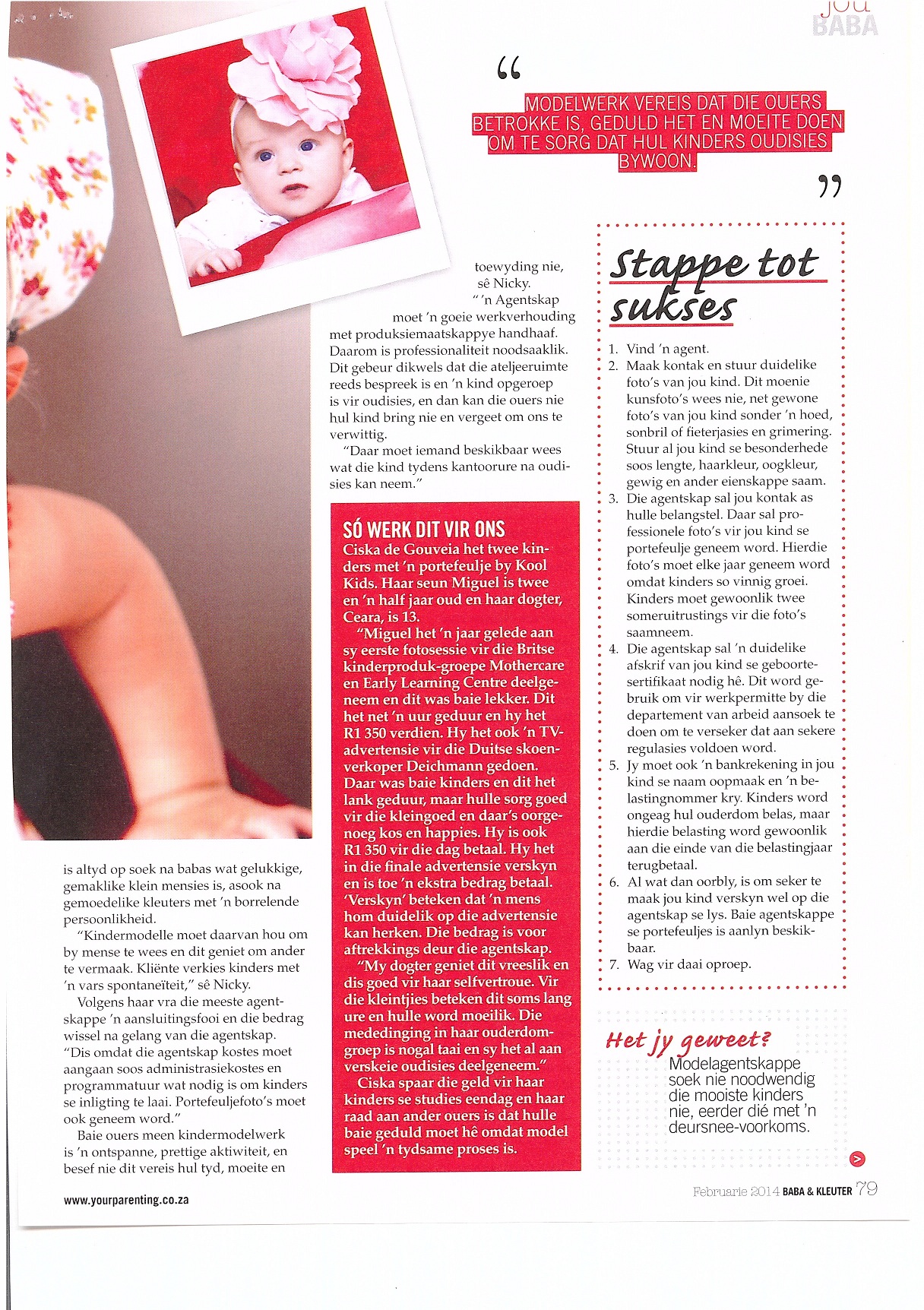 Baba en Kleuter Magazine Feb 2014 Article on Casting Industry Featuring Kool Kids P3